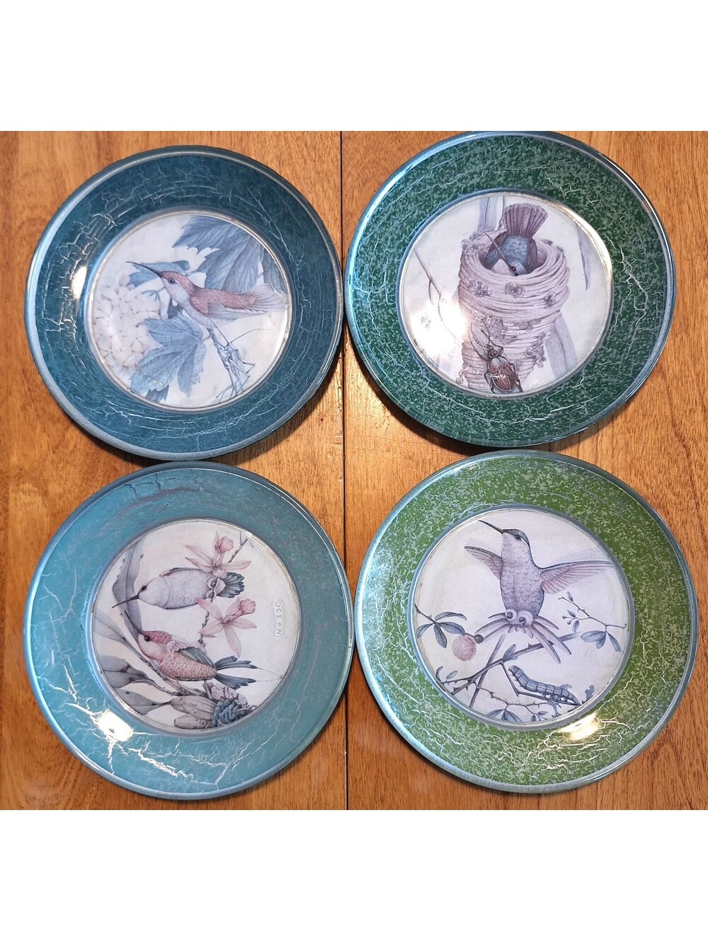 4 Decoupaged Bird Prints on Glass Plate Saucers Painted Crackle Look Rims 5.75"